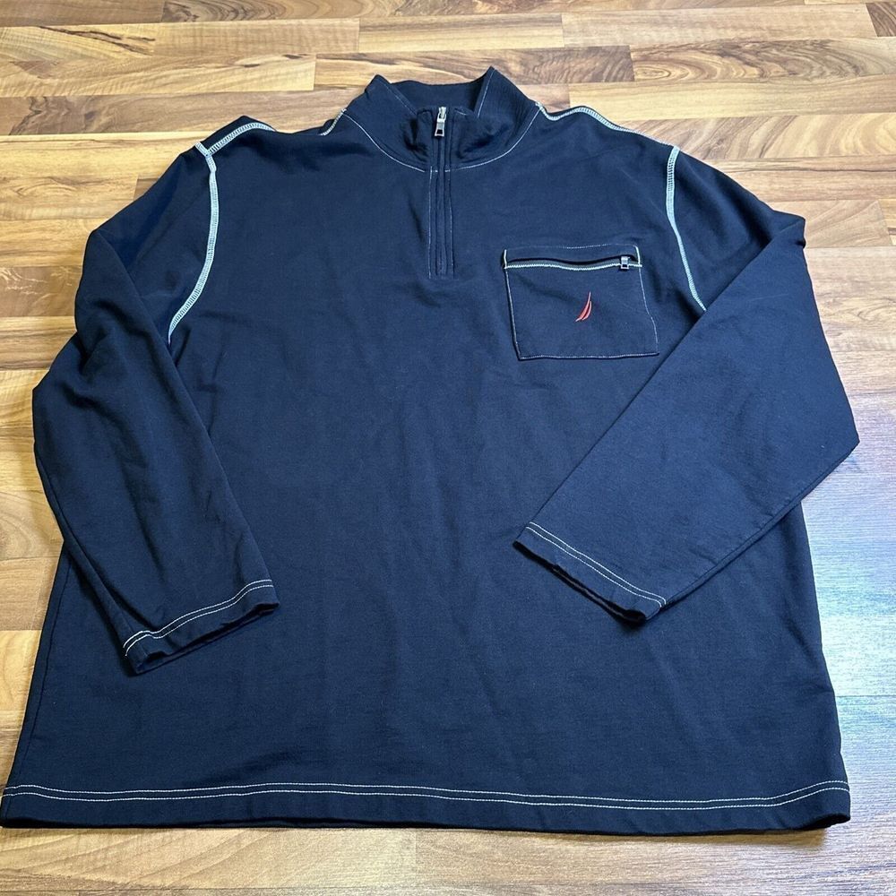 Nautica Mens 1/4-Zip‎ Pullover Shirt, Black, Zipper Pocket, Cotton, Size XXL